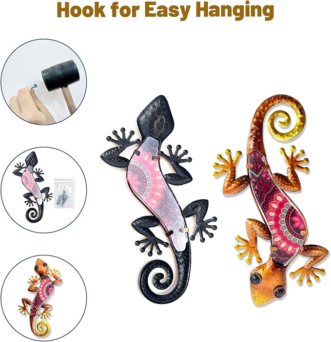HONGLAND Metal Outdoor Wall Decor 2Pcs Gecko Wall Decoration Lizard Metal Hanging Wall Art Glass Sculpture for Garden Yard Patio Fence (Red)…