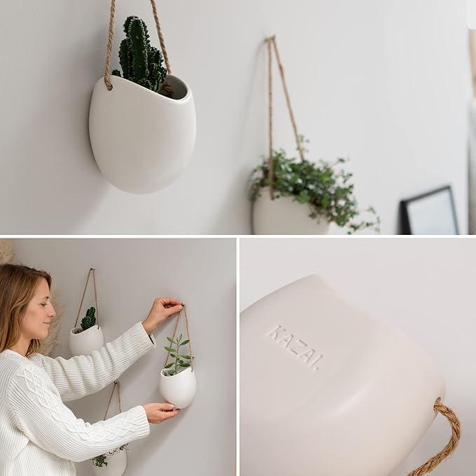 Wall Planters -Ellie- | Hanging Ceramic Plant Pots 3 Pieces | Wall Decoration for Indoors, Balcony and Garden | White (Matte)