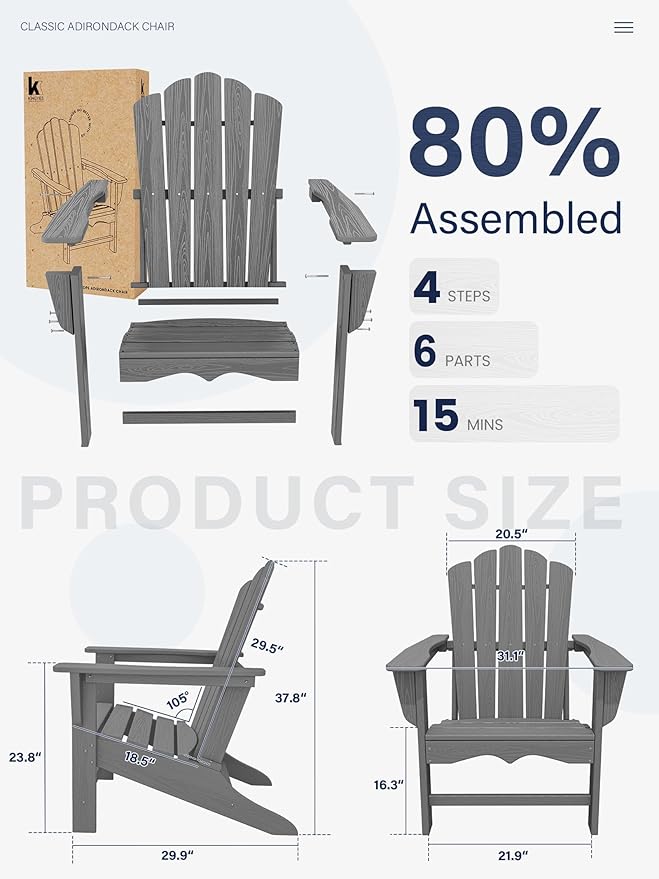 KINGYES HDPE Adirondack Chair Set of 8, Classic Oversize Adirondack Chair, Grey