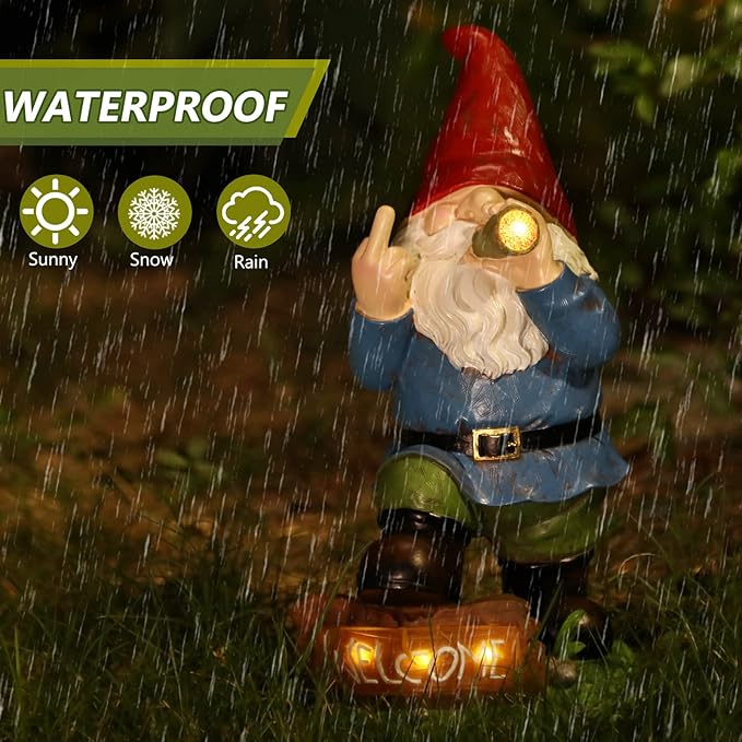 Resin Gnomes Garden Decor, 13.5" Tall Solar Large Inappropriate Funny Gifts Gnome Outdoor Statues for Yard, Patio, Lawn, Outside Naughty Gnome Garden Decorations Gift for Men Women