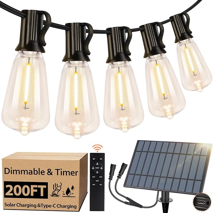 Bosceos Solar Outdoor String Lights Waterproof, 200FT Solar Powered String Lights for Outside with Shatterproof Bulbs, Dimmable ST38 LED Lights String, Patio Hanging Lights for Backyard Garden Party