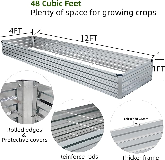 2 Pack 12x4x1FT Galvanized Raised Garden Beds Kit Outdoor Metal Gardening Planter Box for Vegetable Elevated Flower Herbs,Silver