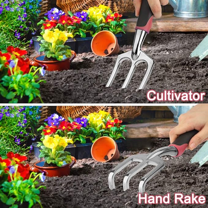 Garden Tools Set 83 Piece Succulent Tools Set Included, Heavy Duty Aluminum Gardening Tools for Gardening, Ergonomic Handle Tools, Storage Tote Bag, Gifts Tools for Men Women (Red)