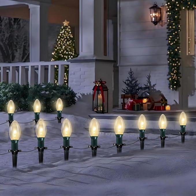 38Ft Christmas Pathway String Lights Outdoor with C9 25 Clear Christmas Pathway Marker Stakes Lights, Extendable C9 Outdoor Walkway Lights for Outside Xmas Party Holiday Backyard Commercial Decor
