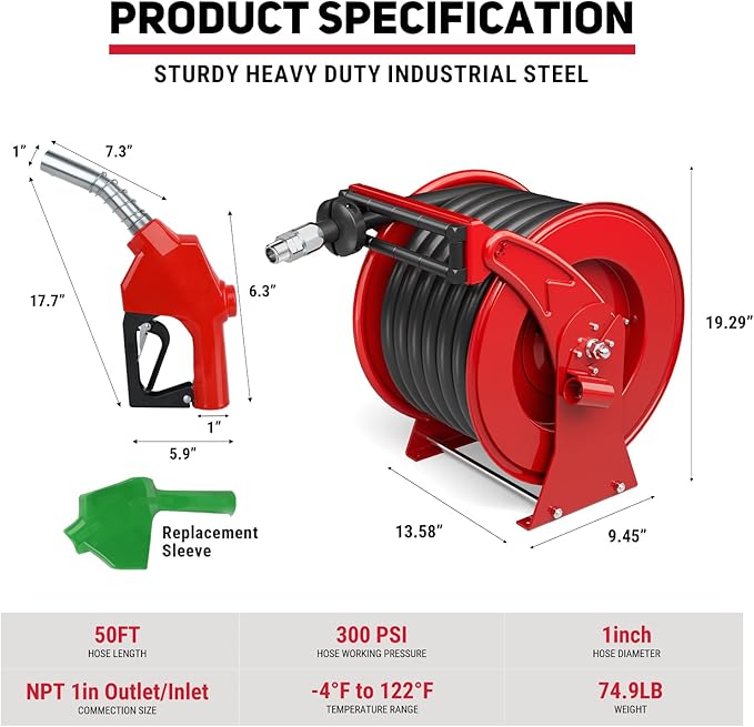 Fuel Hose Reel, Retractable 1" x 50' Extra Long Diesel Hose, 300 PSI Industrial Carbon Steel Diesel Hose Reel Auto Swivel Rewind with Fueling Nozzle for Vehicle Tank Truck Trailer Ship