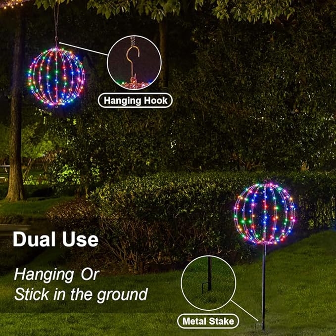 Christmas Ball Light Sphere, 12IN 96LED Hanging Tree & Pathway Lights [Foldable Metal Frame, UL Listed] - White, RGB