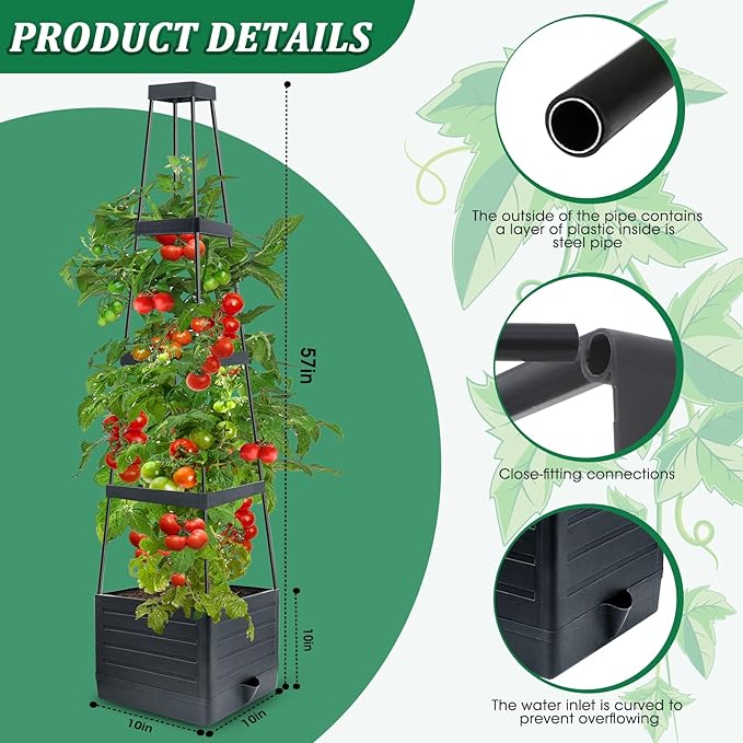 MQFORU Raised Garden Bed Planter Boxes with Trellis, 57" Self-Watering Tomato Planter Boxes with Trellis for Climbing Vegetable and Plants, Tomato Cage for Indoor Outdoor Use