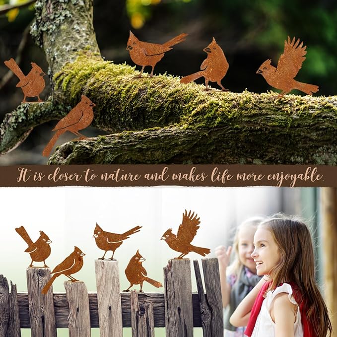 5PCS Rusty Birds Decoration, Fence Decorations Outdoor, Metal Birds Yard Decor Perfect Yard Art and Large Outdoor Ornaments, Cardinal Gifts