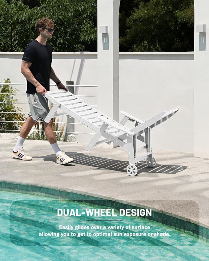 Lounge Chair Outdoor Set of 2, HDPE Chaise Lounge Outdoor with 6-Position & Wheels &Cup Holder, Pool Lounge Chair for Pool Poolside Deck Backyard Patio, White