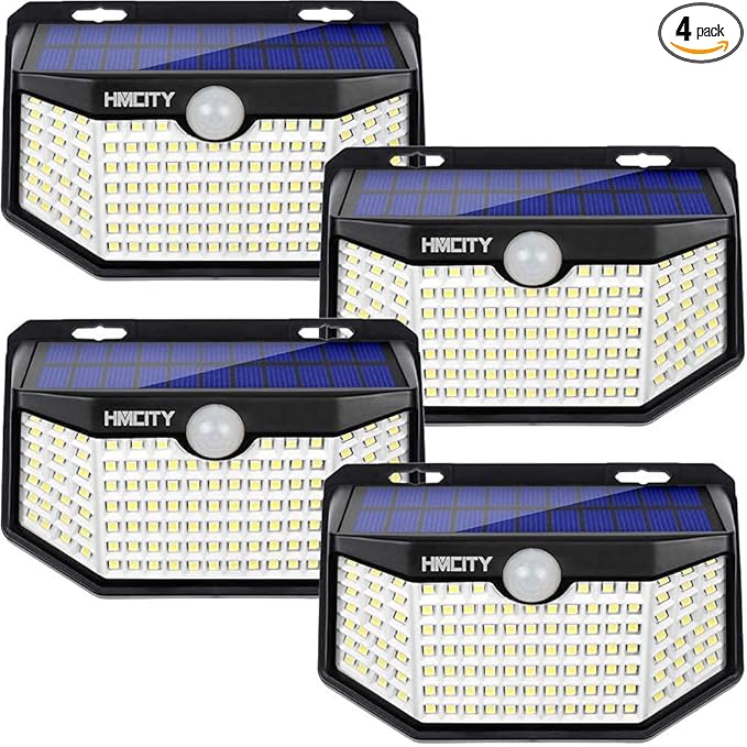 HMCITY Solar Lights Outdoor 120 LED with Reflector and 3 Lighting Modes,Motion Sensor Wall Lights, IP65 Waterproof Solar Powered Wall Lights for Garden Deck Lights (Back Button 4Packs, Daylight White)