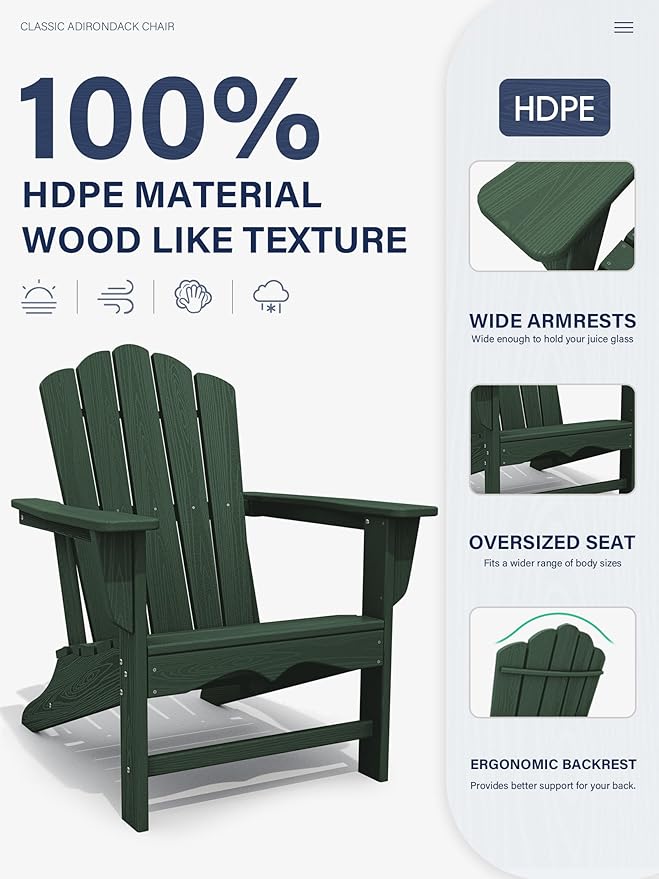 KINGYES HDPE Adirondack Chair Set of 6, Classic All-Weather Adirondack Chair, Green