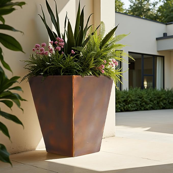 Worth Garden 14" Dia x 18" H Large Metal Floor Planter Set of 2, Matte Bronze Retro Finish Tall Square Tapered Steel Plant Pots, Decor Flower Pot Indoor & Outdoor, Drainage Hole