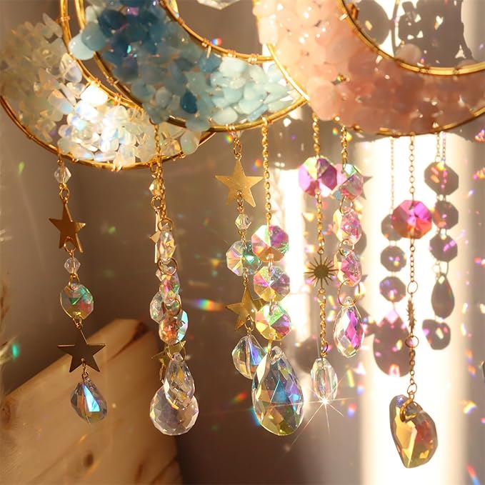 Crystal Suncatcher Hanging Moon Sun Light Catcher with Glass Prisms for Window Natural White Spar Crystal Decor Home Indoor Making Rainbows