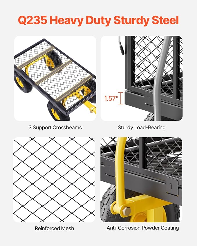 VEVOR 500 Lbs Steel Garden Cart, Heavy Duty Garden Wagon Cart Pullable on Wheels, Metal Yard Utility Wagon Carts with 10" All Terrain Tires, Mesh Removable Sides and 180°Rotating Handle