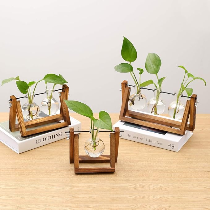 Kingbuy Desktop Glass Planter Iron and Wooden Stand Plant Terrariums for Indoor Office Desk Decor Accessories, 3 Bulb Vases, Brown
