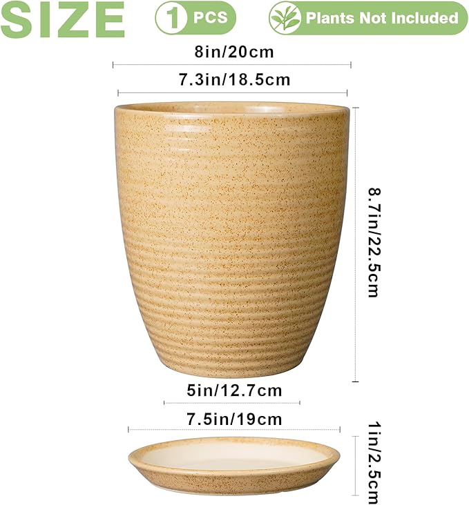 Pot for Plants 8 Inch - Ceramic Planter Indoor Plant Pot with Drainage Hole and Saucer Planter for Outdoor Plants Round Flower Pot for Home Patio Garden Office Decor Yellow