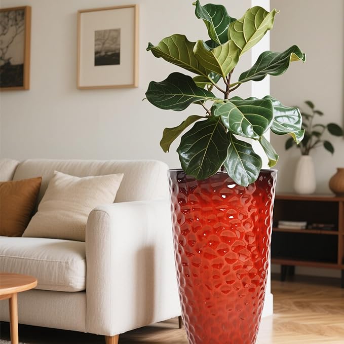 Worth Garden 14" Dia x 24" H Large Plastic Planters with Drainage Hole, Set of 2 Hammered Texture Red Glossy Smooth Finish, Tall Taper Round Decorative Flower Plant Pot for Indoor Outdoor, Front Porch