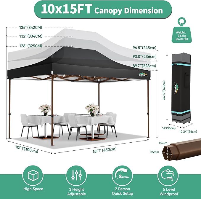 COBIZI 10x15 Pop Up Canopy Tent Heavy Duty Without Sidewall, Commercial Outdoor Easy Pop Up Gazebo for Party Wedding All Weather Waterproof UV 50+ with Roller Bag(Leg Upgraded),Black