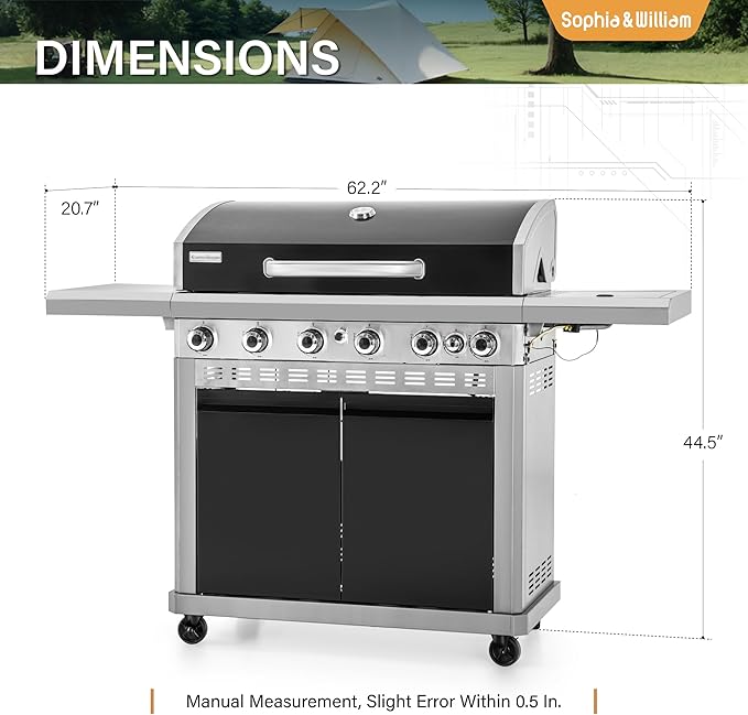 Sophia & William 6-Burner Propane Gas BBQ Grill with Side Burner & Porcelain-Enameled Cast Iron Grates, Gas Grill Griddle Combo for Outdoor Cooking, Barbecue Events, 740 SQ.IN. Cooking Area, Black