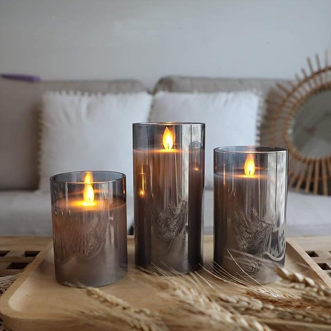 Glass Realistic Flickering Flameless Candles with Remote Timer, LED Pillar Candles Battery Operated with 3D Wick, Real Wax Fake Candles Home Decor for Wedding Festival Party