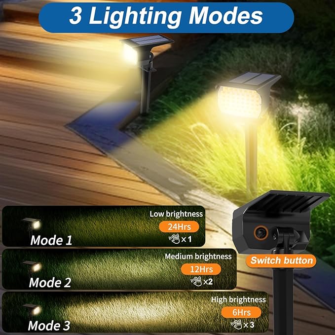 Solar Spot Lights Outdoor Waterproof IP65, 2 Pack Landscape Spotlights with 46 LEDs, 3 Modes Auto On/Off Solar Powered Flood Lights for Outside Pathway, Yard, Garden, Walkway (Warm White)