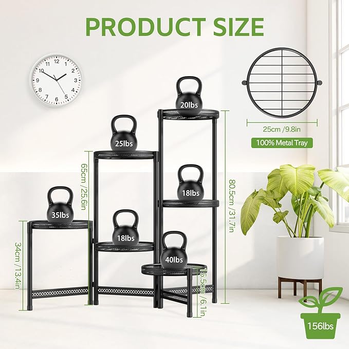 iDavosic.ly 6 Tier Large Plant Stand Indoor with 10-Inch Wide Drainage Tray, Tiered Corner Metal Outdoor Flower Display Holder Shelf, Folding Tall Rack for Patio Porch Balcony, Black Iron Carving