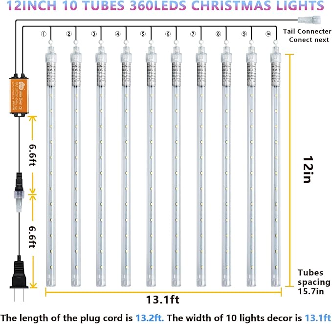 High Brightness 10 Tube 360 LED 12 Inch Meteor Shower Rain Lights Cascading Falling Rain Outdoor Lights for Christmas Roof Eaves Tree Decoration Icicle Raindrop