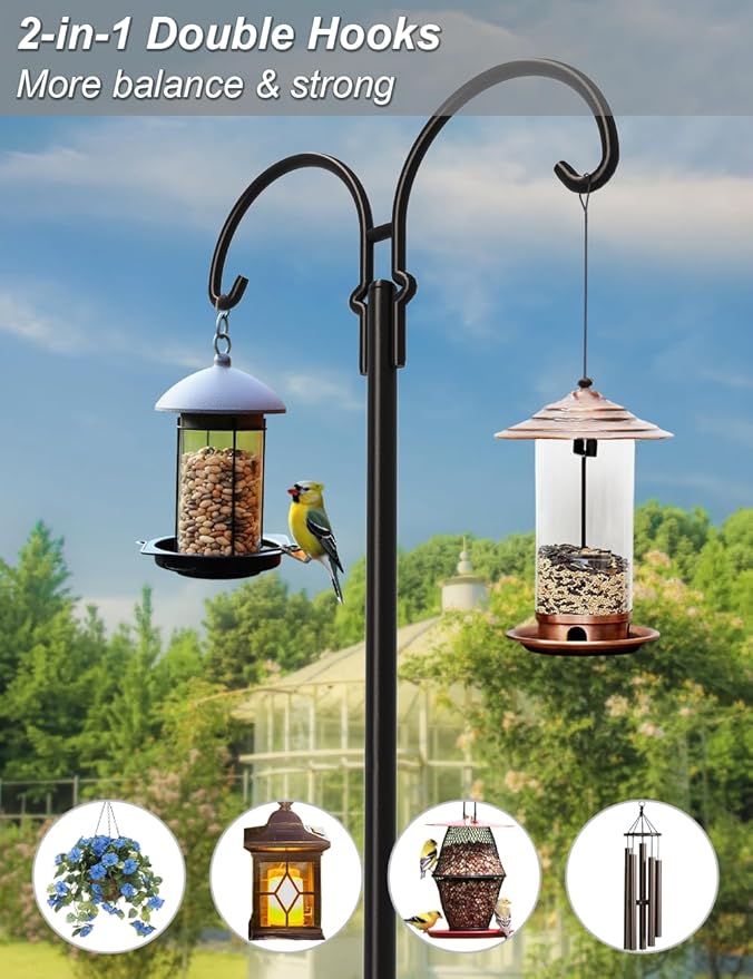 Outdoor Double Shepherds Hook with 5 Prong Base, 92 Inch Adjustable Heavy Duty Two Sided Bird Feeder Pole Stand for Hanging Plant Baskets, Solar Light Lanterns, Hummingbird Feeder, 1 Pack