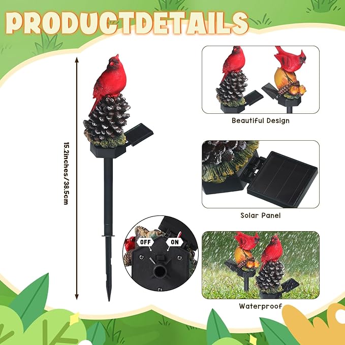 Capoda 2 Pieces Cardinal Garden Decorations Resin Bird Figurine Solar Light Stake Waterproof Light Stake Outdoor Decorations for Patio Yard Lawn Porch Pathway Christmas Decoration