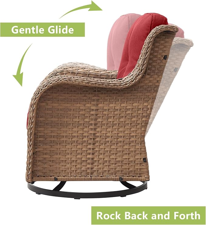 Outdoor Wicker Patio Furniture Set - 5 Piece Rattan Patio Conversation Set with 2 Rocking Swivel Chairs,2 Ottomans and 1 Loveseat for Porch Deck Backyard Garden(Yellow/Red)