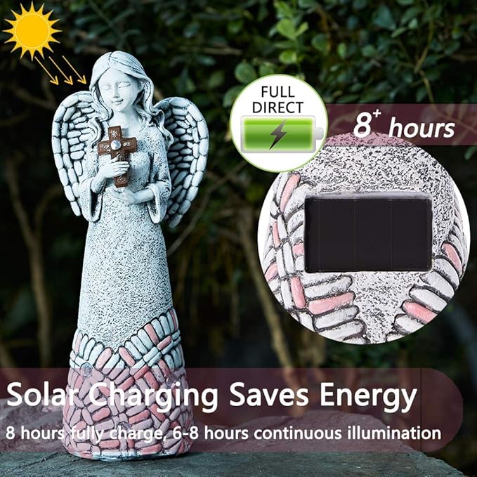 Angel Garden Statues Outdoor Solar Decor Gifts for Women Cross Praying for Cemetery Backyard Lawn Yard Decoration（10.24inch）