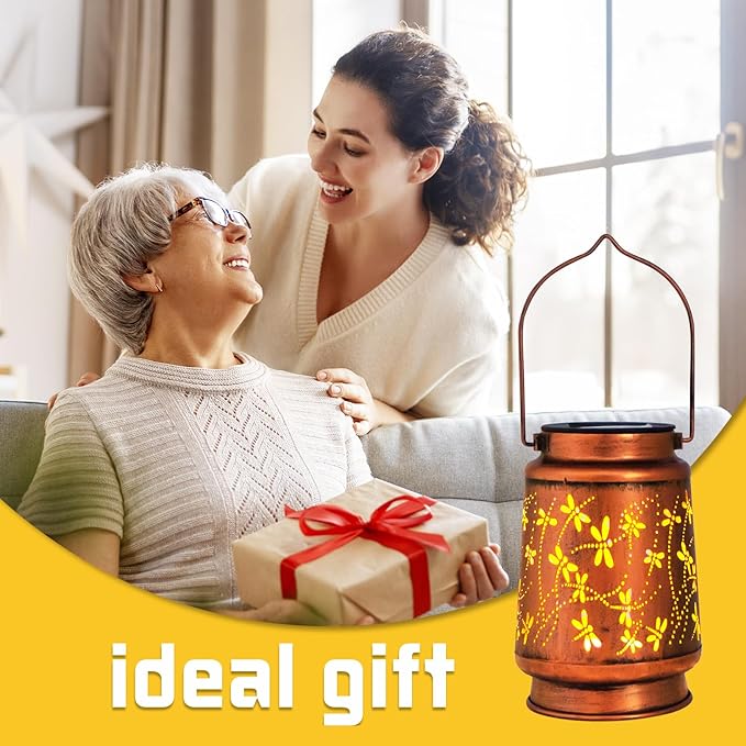 Mothers Day Gifts, Dragonfly Solar Lanterns Outdoor Hanging, Hollowed-Out Metal Waterproof LED Garden Decor Light for Patio Yard Pathway Lawn Front Porch Tree, Birthday Gifts for Women Mom Grandma
