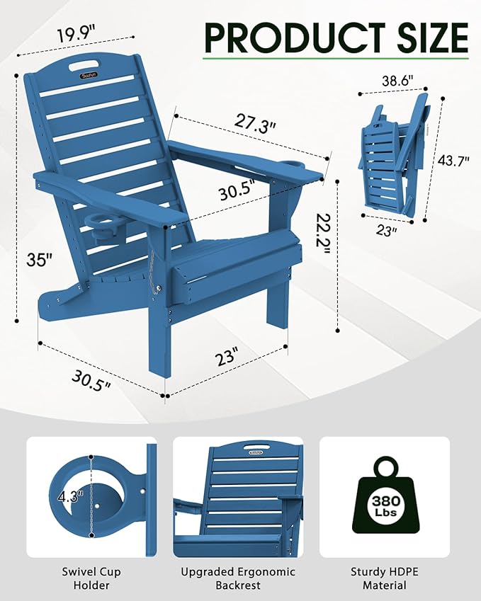 Adirondack Chairs Set of 4, Outdoor Fire Pit Chairs, HDPE All-Weather Adirondack Chairs with Cup Holder, Lawn Chair for Deck, Patio, Garden (NavyBlue)