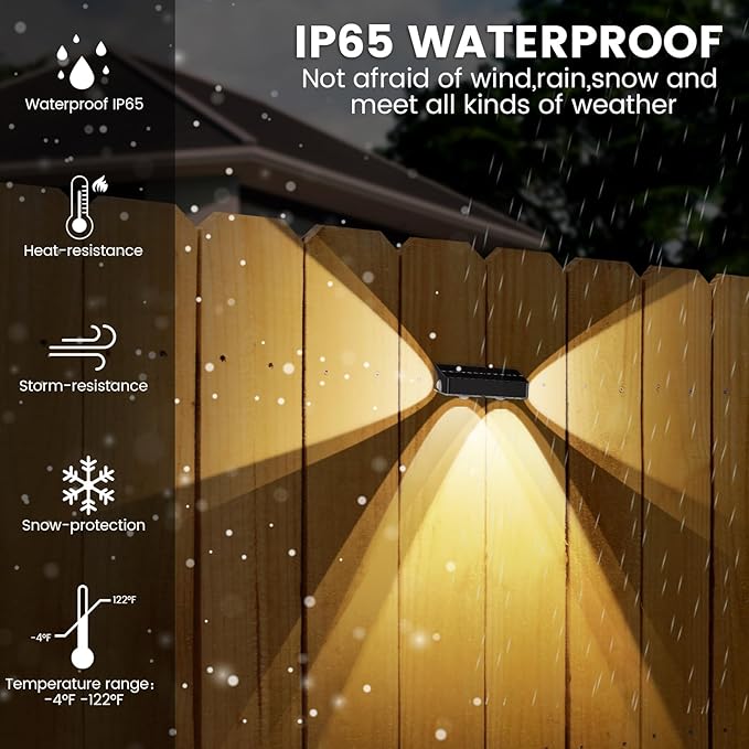 Solar Fence Lights Outdoor - 3-Side Fence Light Solars Powered for Outside IP65 Waterproof Fence Solar Lights Outdoor for Outside Garden Backyard Patio Deck Fence Stair Step Railing Pathway(2Pack)