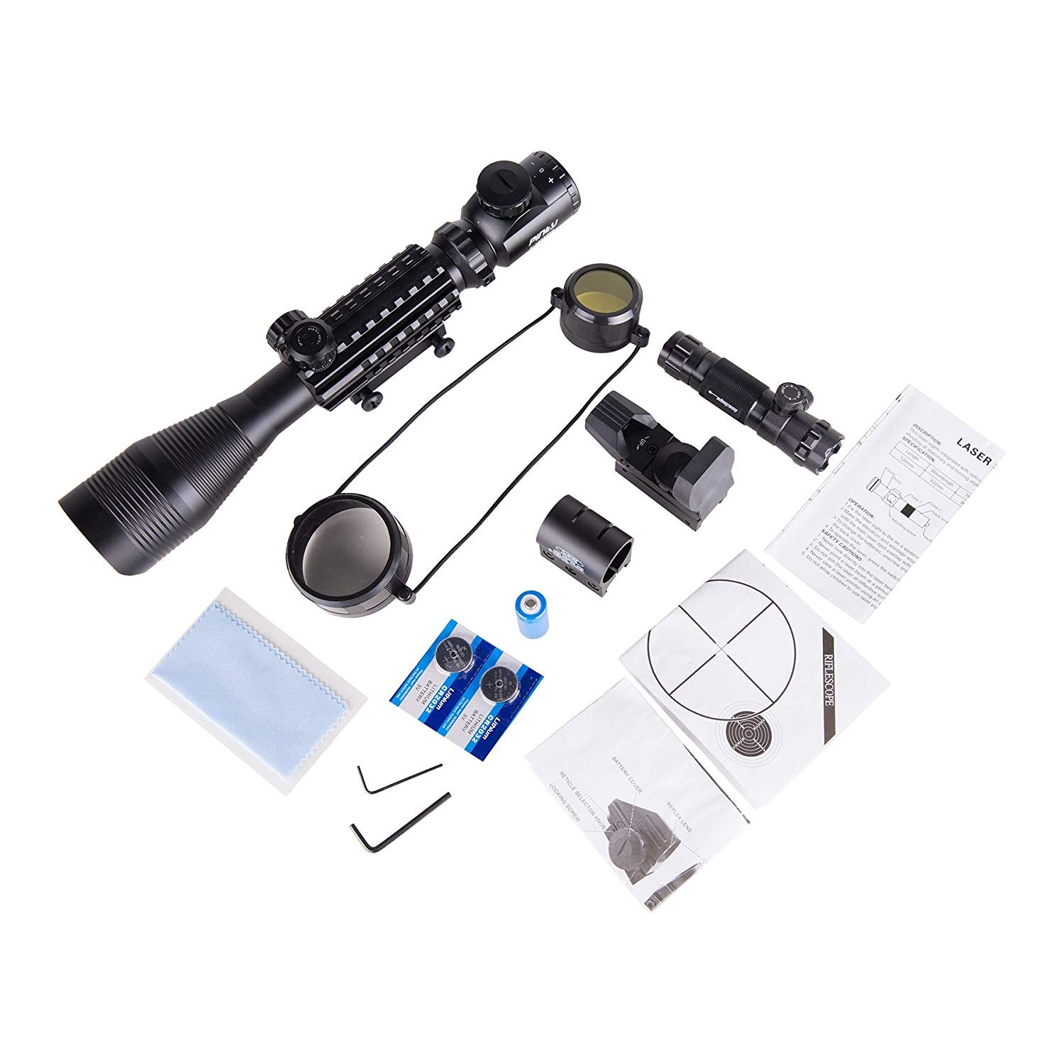3-in-1 Rifle Scope Combo, 4-12x50mm Rangefinder Scope, Red&Green Reflex Sight, Green Laser