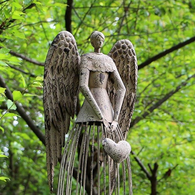 Morning View Metal Angel Statue Decor for Garden Yard Art Outdoor Standing Large Angel Decorations with Heart Antique Patio Patio Lawn Holiday Christmas 32 Inches Tall