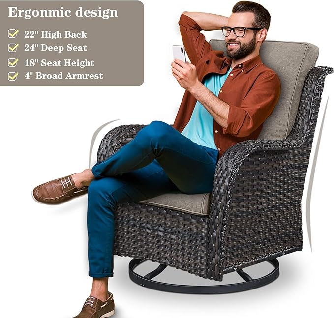 Outdoor Patio Furniture Set - 7 Piece Brown Wicker Conversation Patio Furniture Set All Weather Swivel Chairs with Ottoman and Loveseat Glider Chair for Deck Balcony Backyard