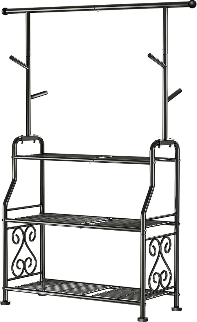 GIOTORENT Plant Stand Indoor Outdoor, 3-Tier Heavy Duty Metal Shelves, Display up to 14 Multiple Plants, Tall Plant Holder with Plant Hanger, Suit for Patio Living Room Garden Balcony, 5 Hooks, Black