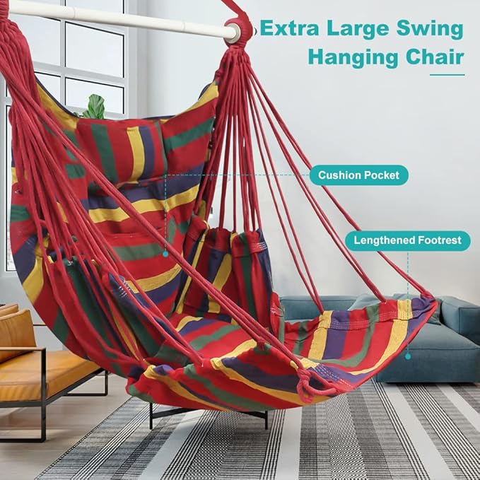 Outerman Hammock Chair, Hanging Chair with 3 Cushions and Foot Rest Support, Sturdy Metal Spreader Bar Max 440 Lbs, Swing Chair for Bedroom, Indoor & Outdoor, Patio, Porch or Tree（Red）