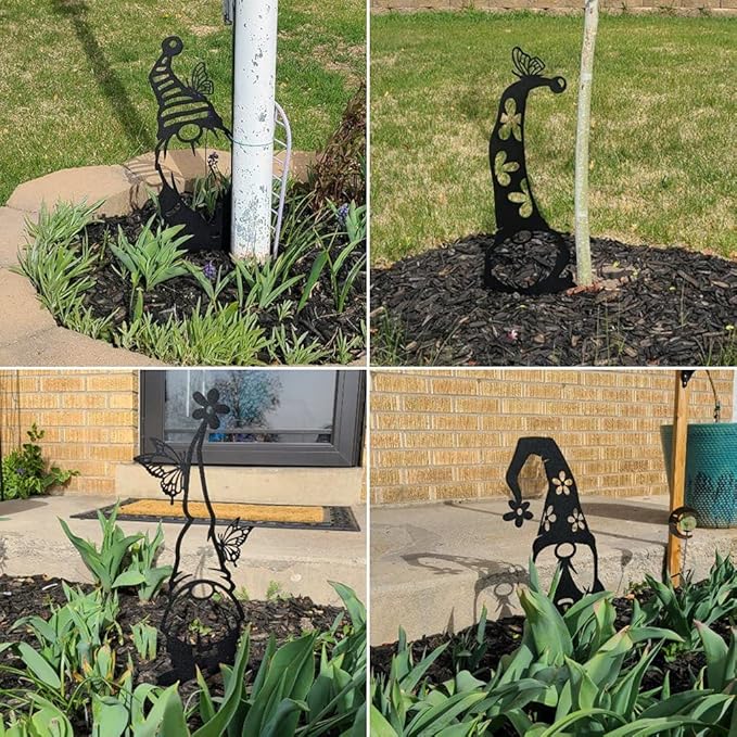 RealSteel Metal Garden Gnomes Outdoor – Steel 4 Pack Lawn Ornaments & Statues, Funny Yard Decor, Weatherproof Garden Decoration, Gift for Gardeners (Textured Silver)