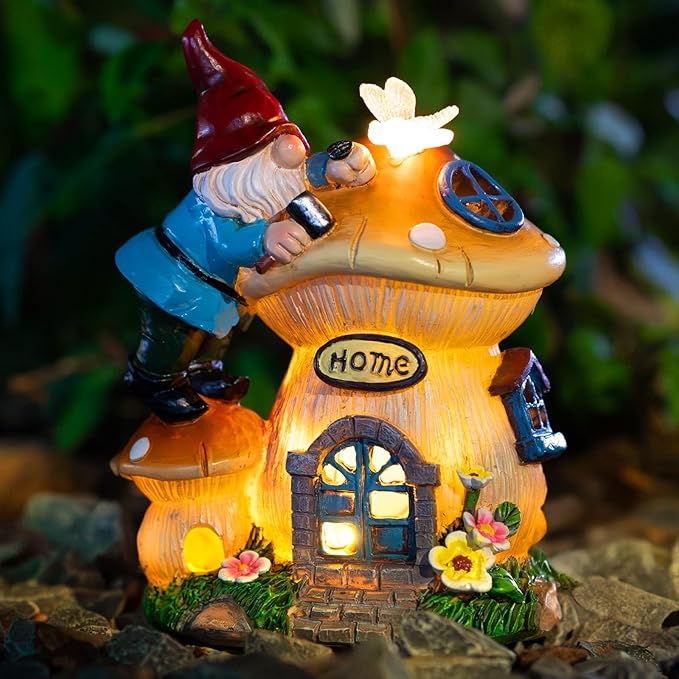 Garden Gnome Statues Figurine Lights - Solar Powered Lighting Outdoor Decorations, Gnome Build Mushroom House, Yard Art Lawn Ornaments for Porch Patio Balcony - Gnome Gifts for Women Mom