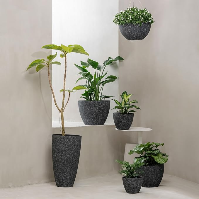 LA JOLIE MUSE Large Hanging Planters for Outdoor Plants - 13 Inch Hanging Basket for Patio Set of 2, Speckled Black