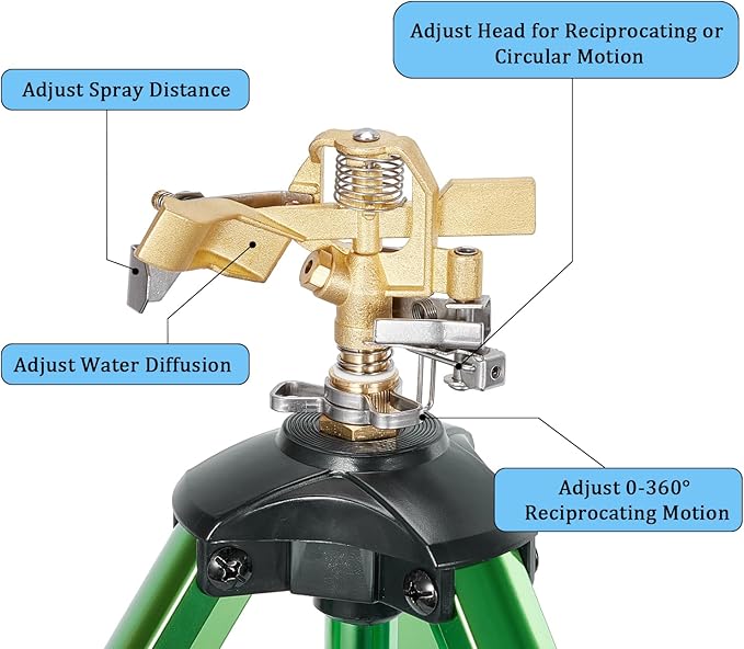 1/2 Inch Brass Sprinklers Head,Heavy Duty Water Sprinkler for Yard with 360 Degree Large Area Coverage Irrigation, Adjustable Impact Sprinklers Head Nozzle for Grass Patio Garden Irrigation