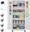 73" H Metal Garage Storage Cabinet with Wheels & Pegboard,Rolling Tool Cabinet with 2 Doors and 4 Shelves for Garage,Home,Office,Warehouse,Workshop, Required-Assembly,White