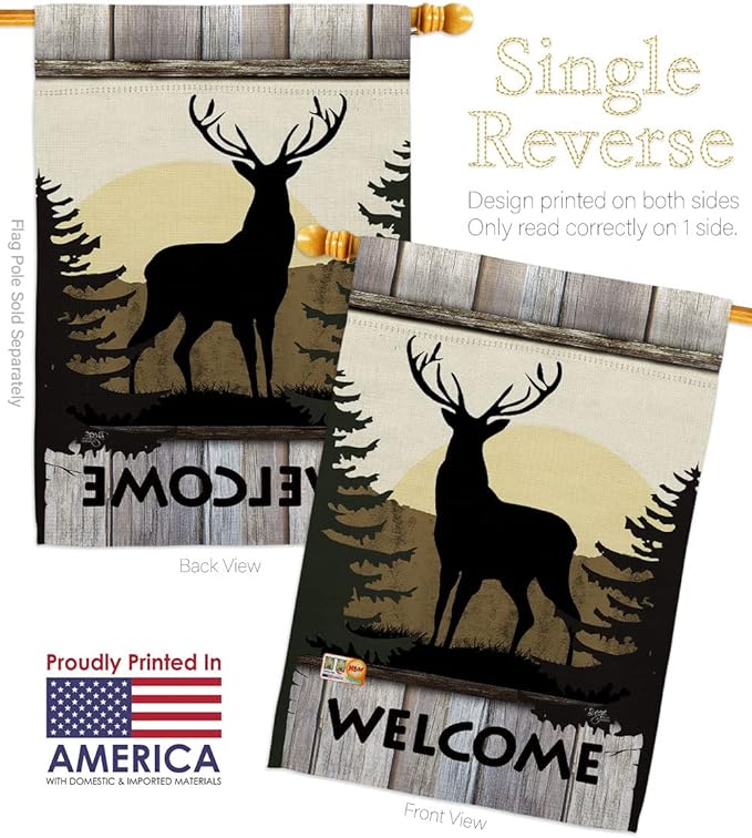 Welcome Deer Garden House Flags Set Animals Wildlife Outdoor Bear Wolf Pet Nature Farm Animal Creature Small Decorative Gift Yard Banner Made In USA 28 X 40