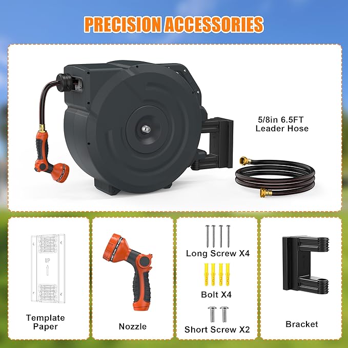 NEOTEC Retractable Garden Hose Reel 5/8 inch x 90ft - Wall Mounted Heavy Duty Hose Reel with 3/4 Inch Brass Fittings & 9-Pattern Nozzle - Auto Rewind System, Any Length Lock, 180° Swivel Bracket