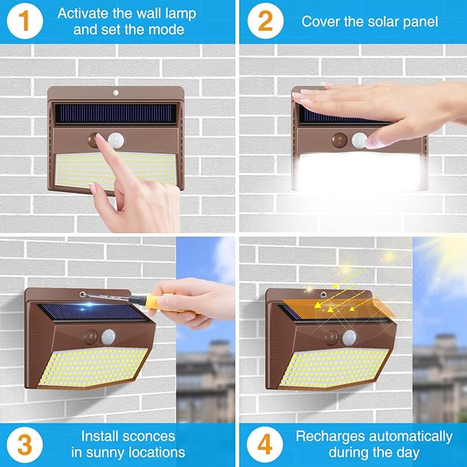 [12 Packs] Solar Outdoor Lights Motion Sensor Solar Security Lights Waterproof with 3 Lighting Modes Solar Powered Wall Lights Outside for Garden Fence Yard,Brown
