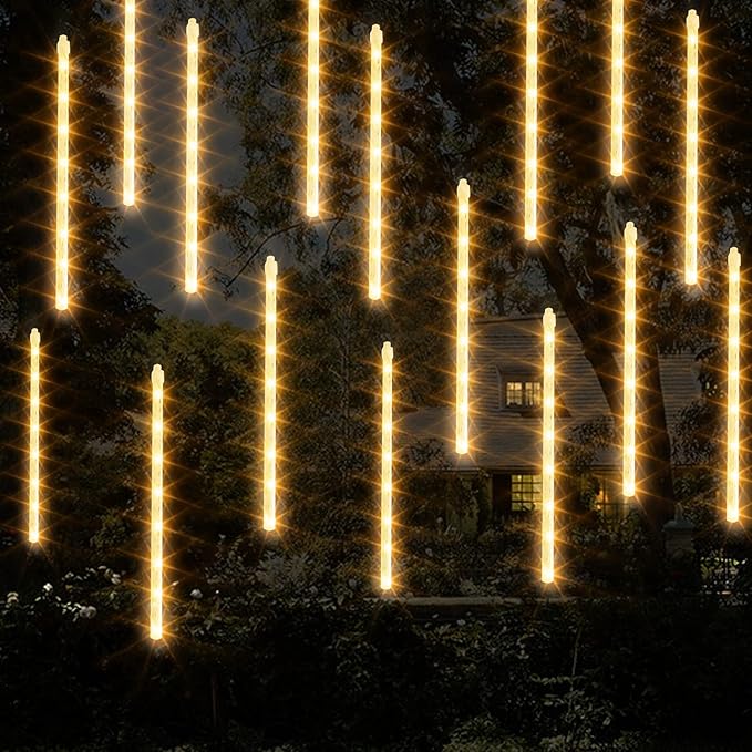 Dazzle Bright 864 LED Christmas Light, Meteor Shower Rain Lights 11.8 Inch 24 Tubes, Waterproof Plug in Falling Rain Lights Decorations for Xmas Tree Yard Party (Warm White)
