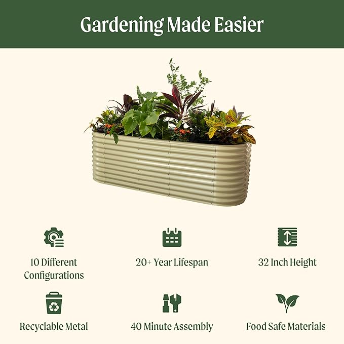 Vego garden 32" Extra Tall Raised Garden Bed Kits, 10 in 1 Modular Raised Planter Box for Vegetables Flowers Fruits Oval Metal Raised Garden Bed, Sunlit Oak
