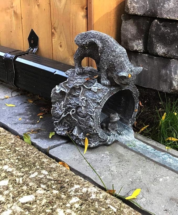 Gutter Downspout Extension - Downspout Splash Block - Downspout Diverter Garden Statue (Playful Chasing Kitty and Frog)